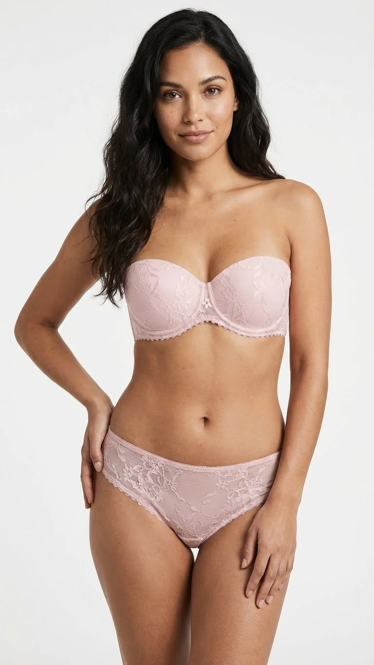 LunaIntim Pudra Rengi Dantel Kaplı Straplez Tenle Bütünleşen Sütyen - Arka Görünüm